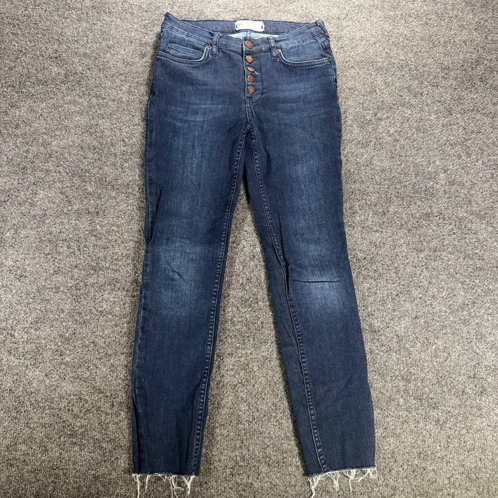 Free People Jeans Skinny High Rise Button Fly Raw Hem Size 27 Blue Denim Womens